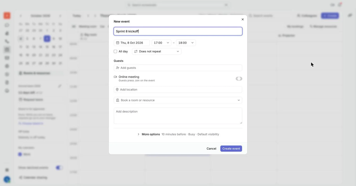 The New event window with title, guests and online meeting switch