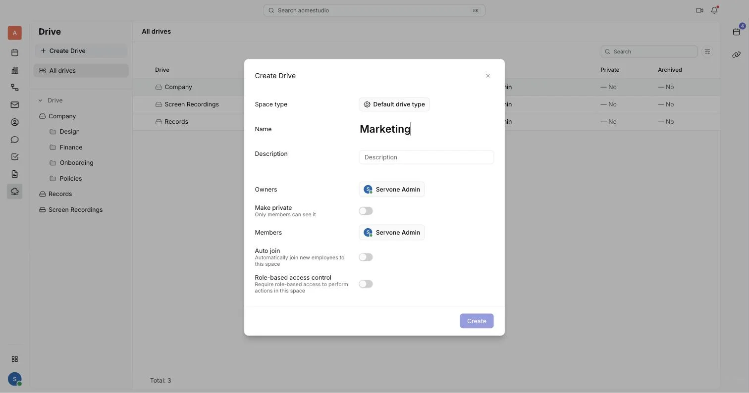 The Create Drive window with name, owners, members and access toggles