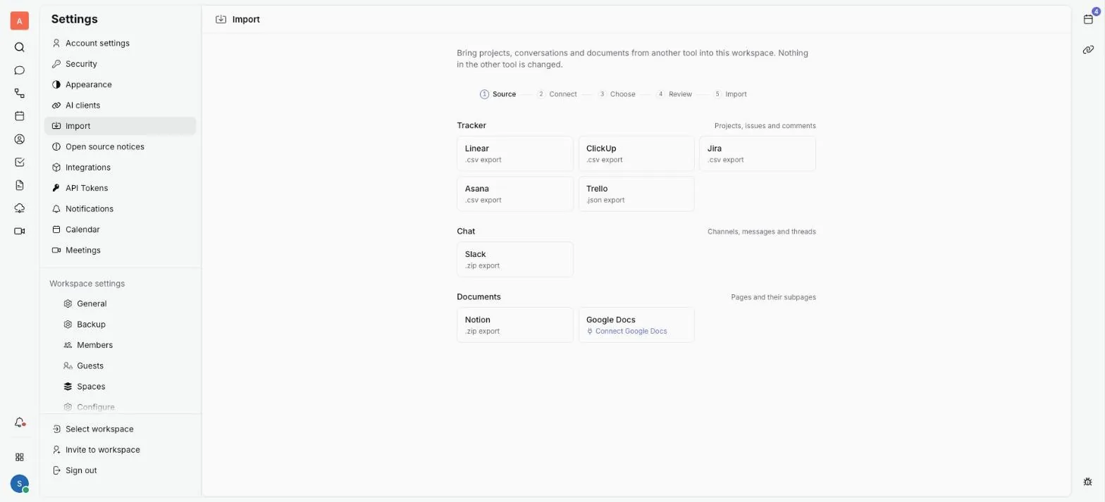 Trang Nhập dữ liệu liệt kê Linear, ClickUp, Jira, Asana, Trello, Slack, Notion và Google Docs