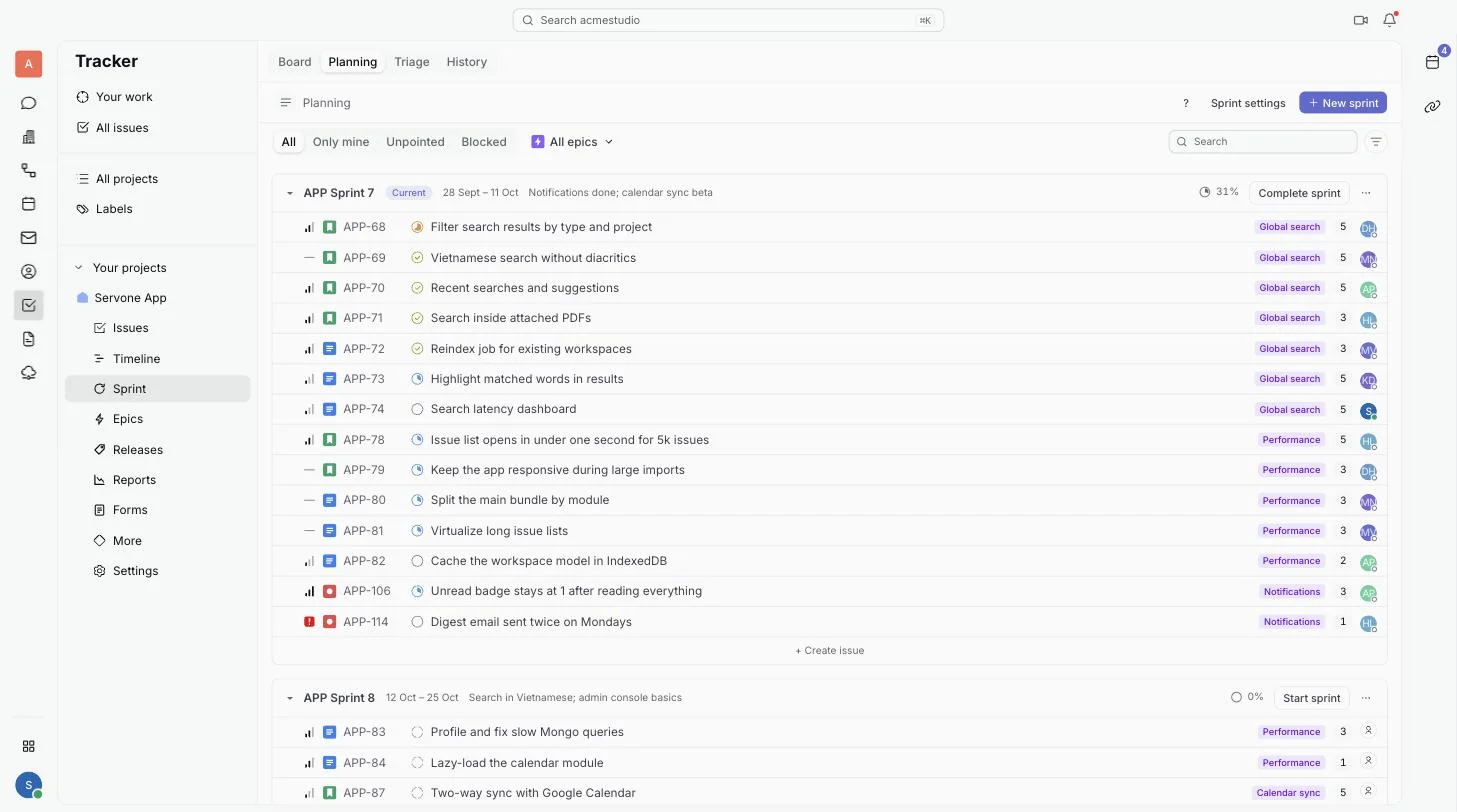 The Planning tab with a sprint above the backlog