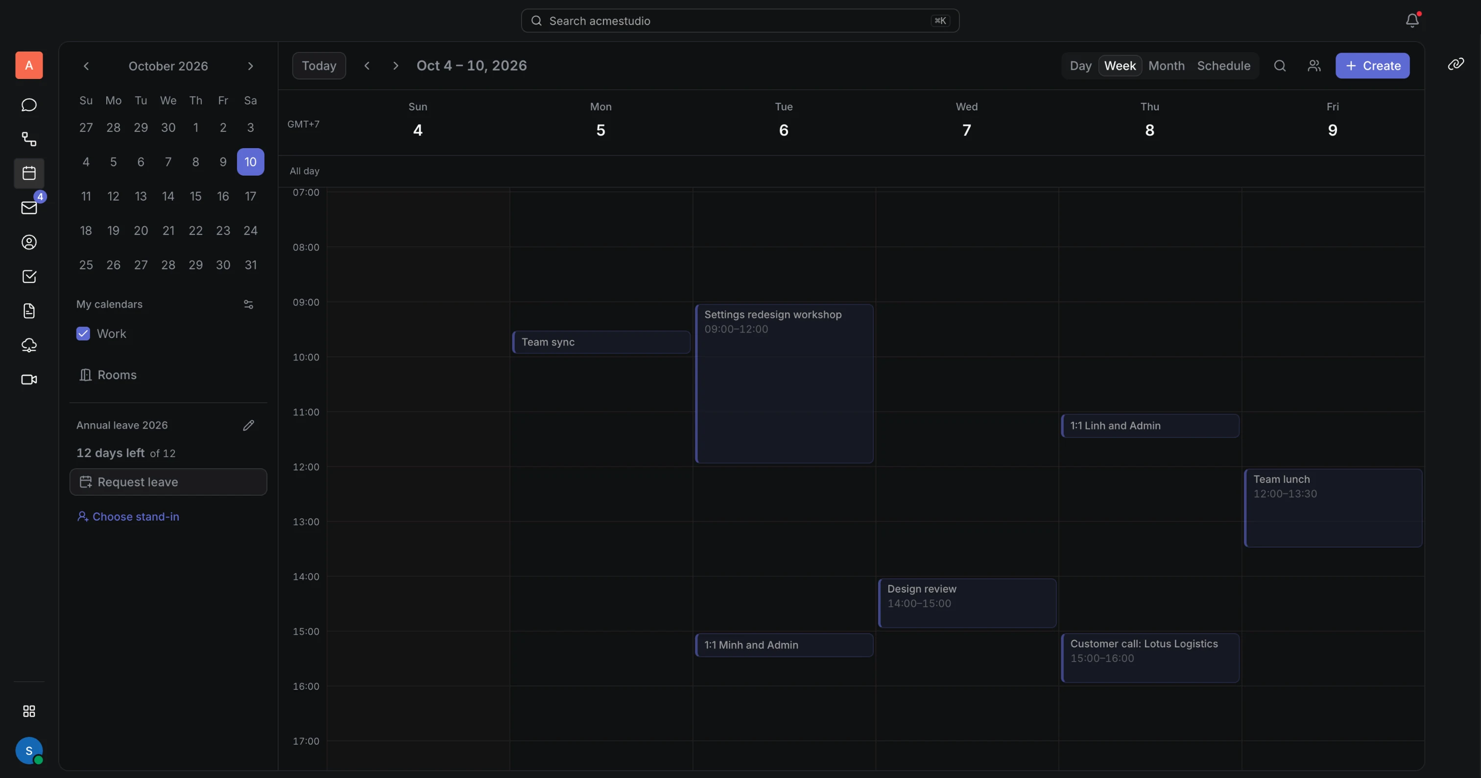 Week view of team meetings in Servone Calendar