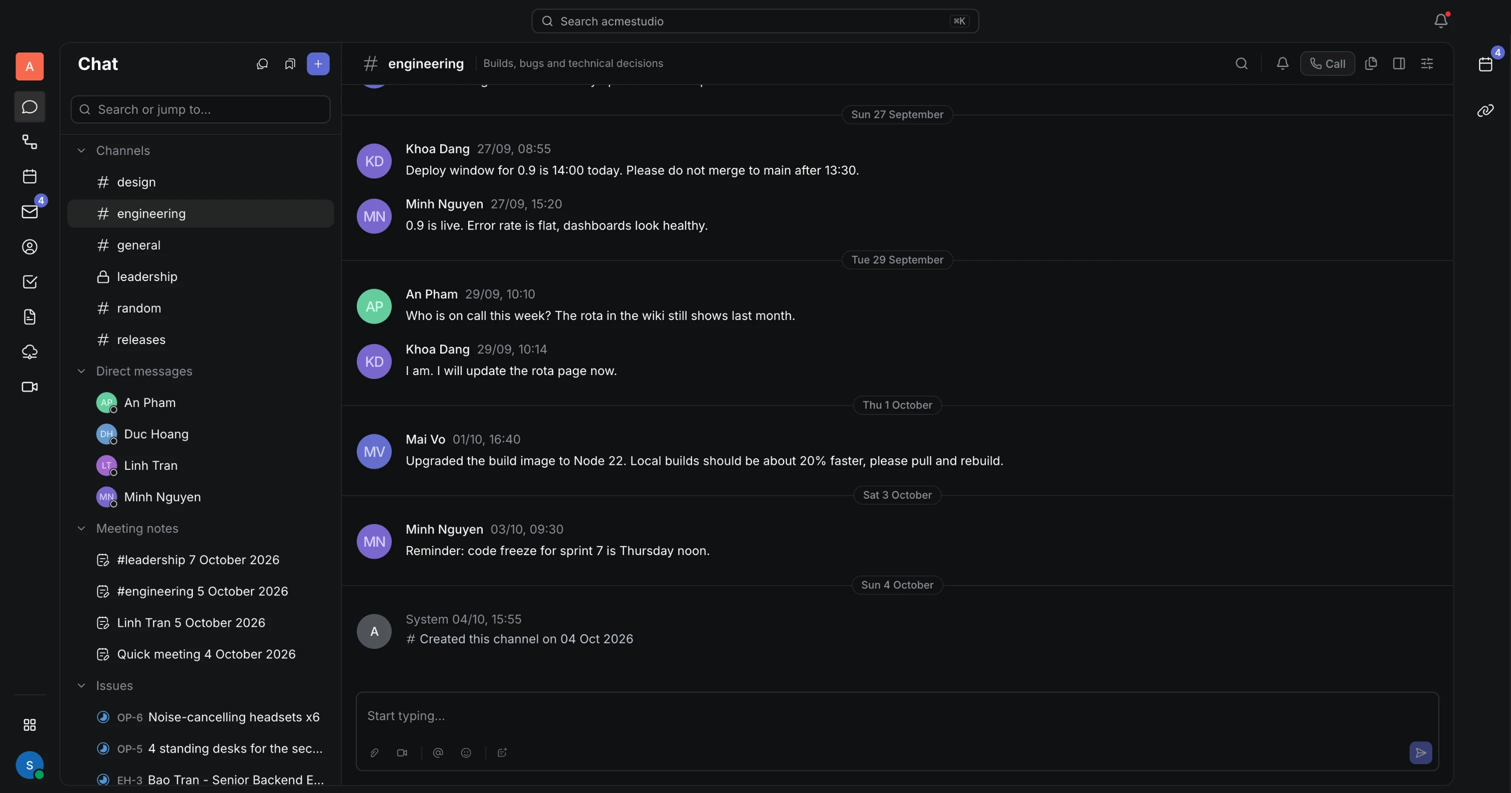 Engineering channel in Servone Chat